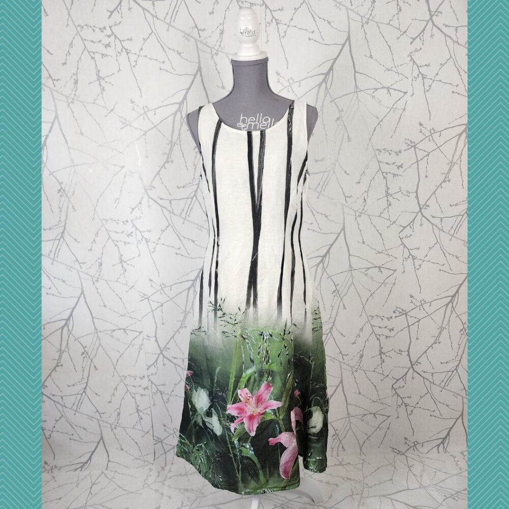 Tuzzi Artsy Floral Print 100% Linen Sleeveless Long Midi Dress
